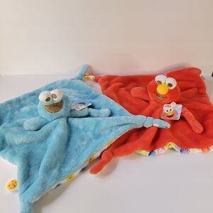 Lot 2 Sesame Street Plush Loveys Blue Cookie Monster Red Elmo Security Blanket